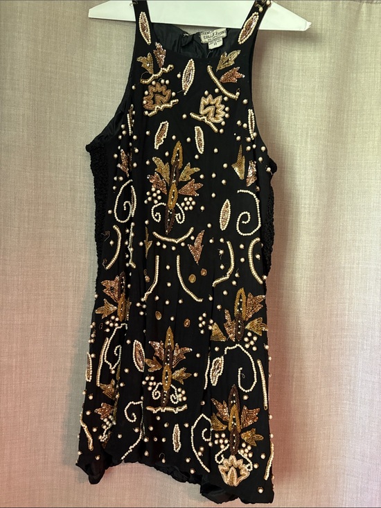 Vintage Dresses & Skirts - Vintage Black Mini Dress with Gold and Pearl Embellishment